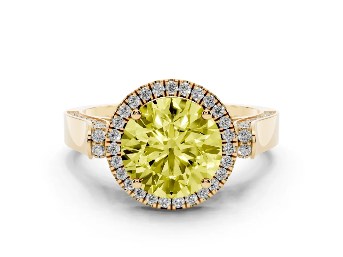 Fancy Yellow Round Cut Halo Round Diamond Twist Band with Four-Prong Setting Yellow gold