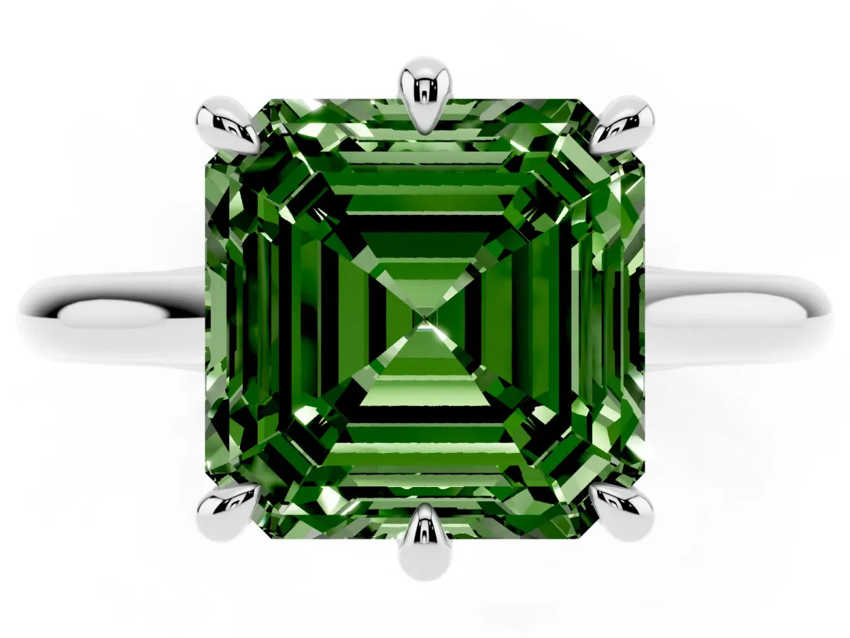 Fancy Green Asscher Cut Solitaire Engagement Ring with Six-Prong Setting and Classic Band Silver