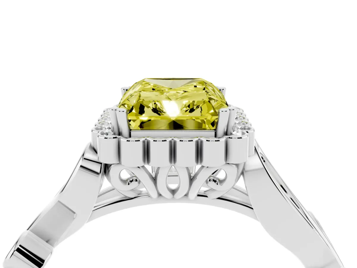 Fancy Yellow Radiant Cut Diamond Halo Ring with Vintage Split Shank and Four-Prong Setting Silver