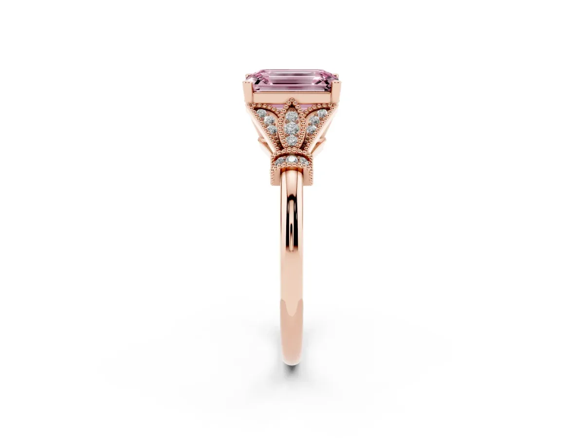 Fancy Pink Emerald Cut Diamond Solitaire Ring with Floral Filigree and Pave Accents Rose gold