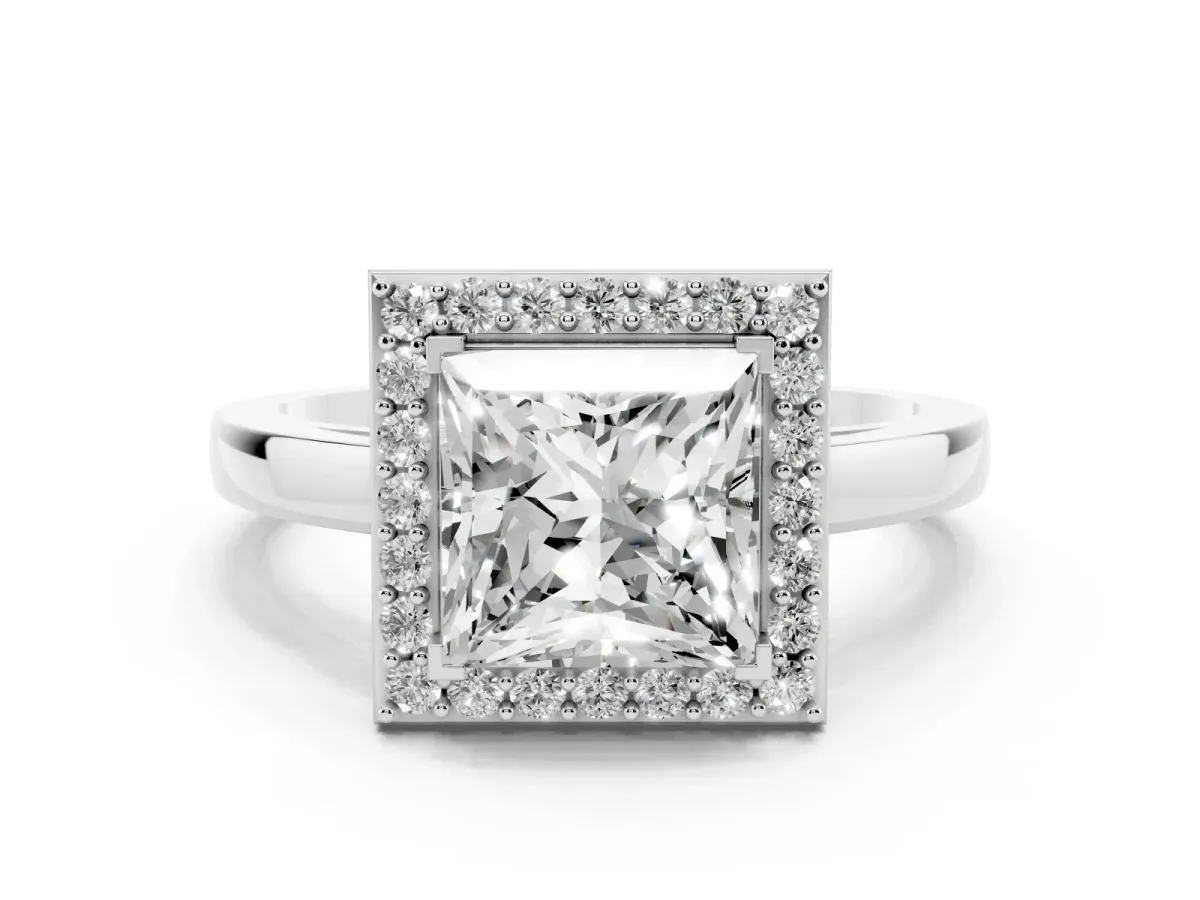 Princess Cut Halo Diamond Ring with Solitaire Band and Prong Setting Silver