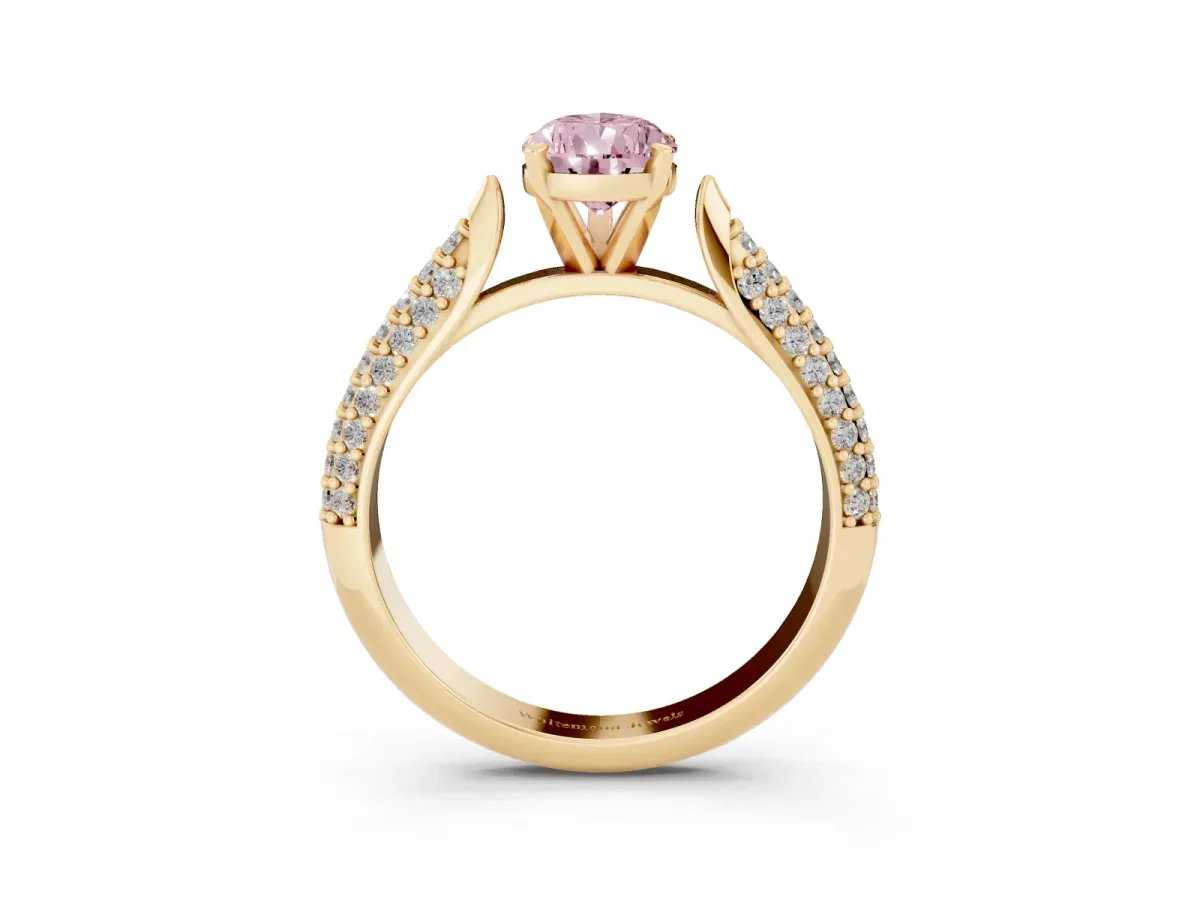Fancy Pink Pear Cut Diamond Solitaire Engagement Ring with Multi-Row Round Pavé Band and Prong Setting Yellow gold