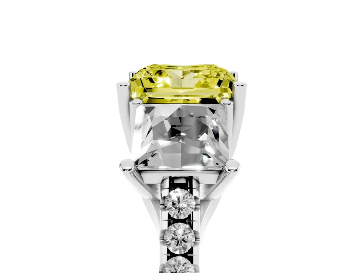 Fancy Yellow Three-Stone Princess Cut Diamond Ring with Round Pavé Band and Prong Setting Silver
