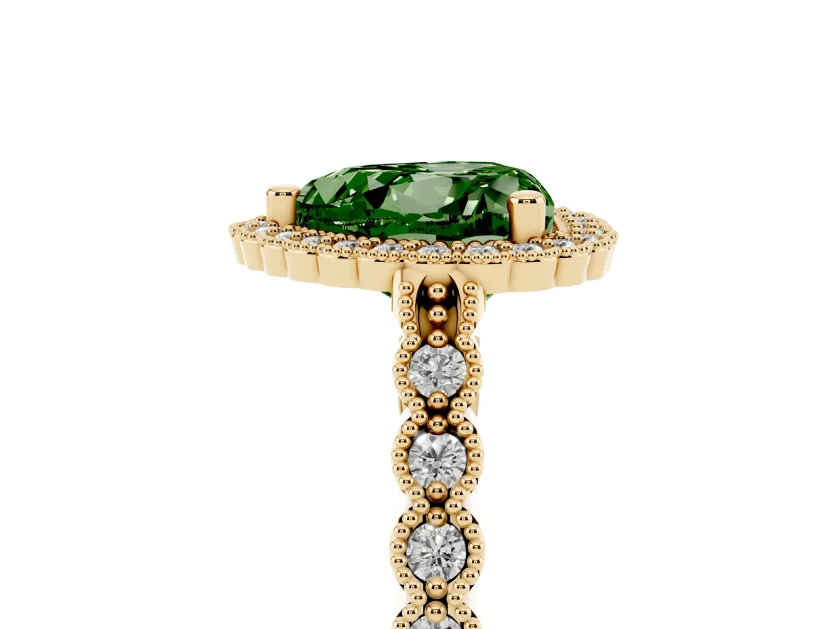 Fancy Green Heart Cut Cut Halo Pavé Solitaire Ring with Milgrain Band Yellow gold