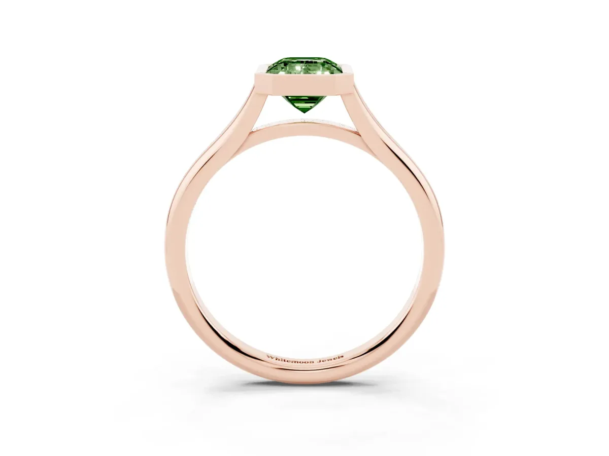 Fancy Green Bezel Set Emerald Cut Cut Solitaire Ring with Tapered Band Rose gold