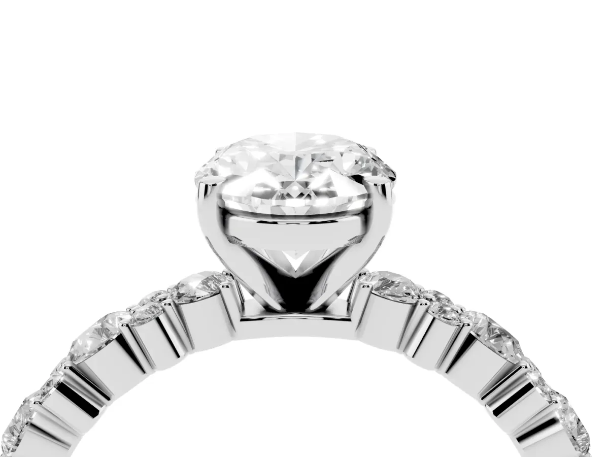 Oval Cut Diamond Side Stone Solitaire Ring with Round and Four-Prong Setting Silver