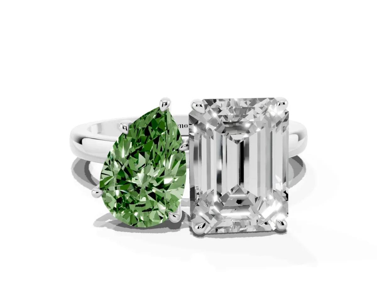 Fancy Green Pear Cut and Emerald Cut Toi Moi Ring with Prong Setting Platinum