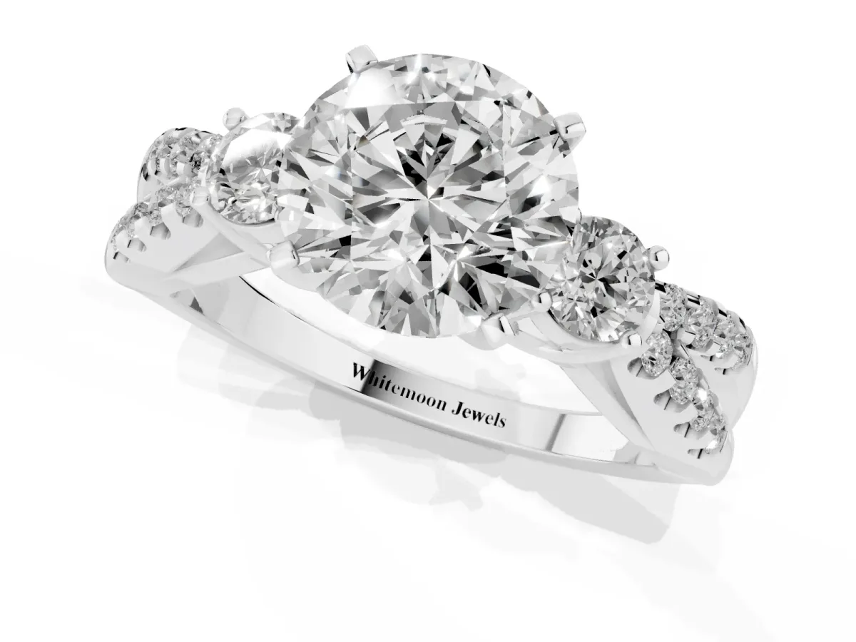 Round Cut Diamond Three-Stone Ring with Pavé Split Shank and Four-Prong Setting White gold