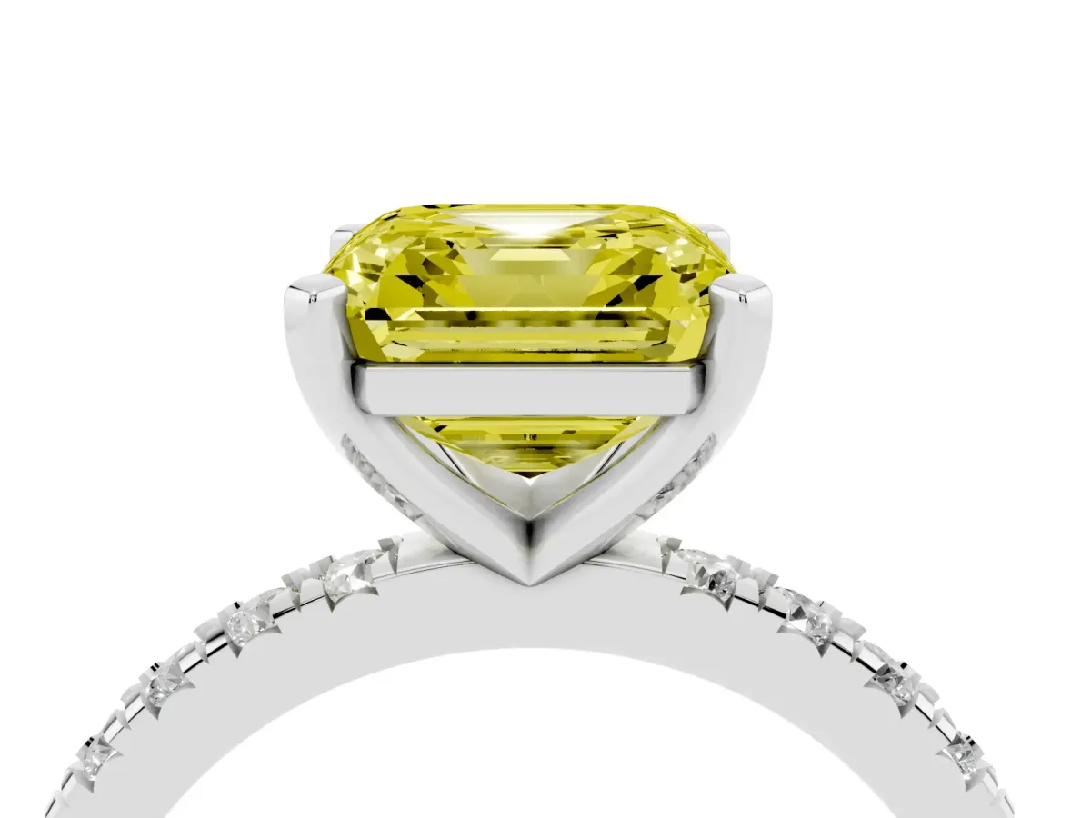 Fancy Yellow Asscher Cut Diamond Pavé Band Solitaire with Four-Prong Setting Silver