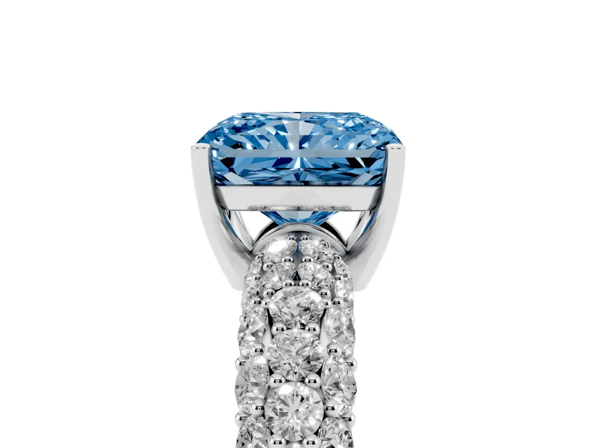 Fancy Blue Radiant Cut Diamond Pavé Band Solitaire Ring with Four-Prong Setting Platinum