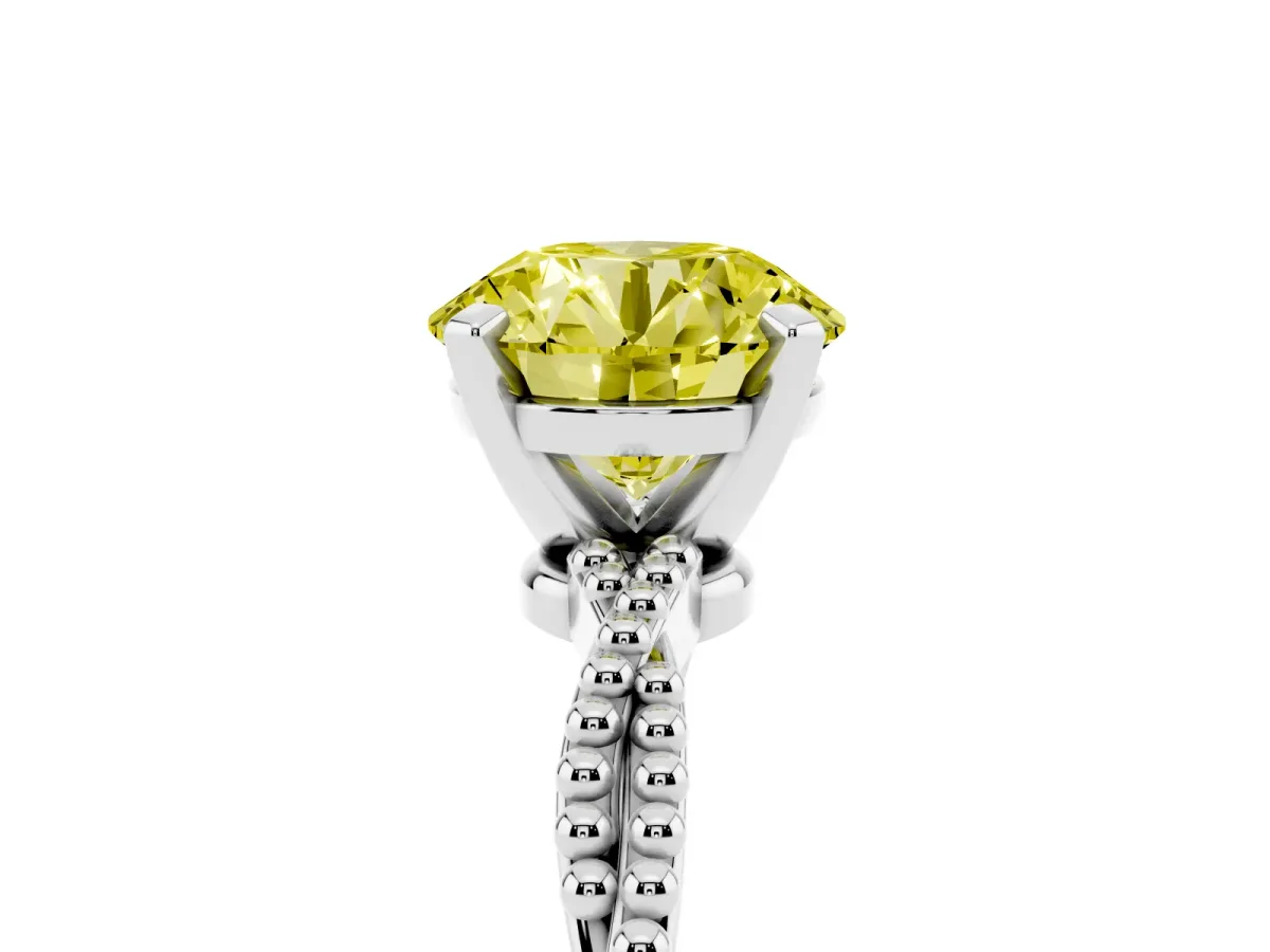 Fancy Yellow Round Cut Solitaire Twisted Band with Bead Prong Setting Platinum