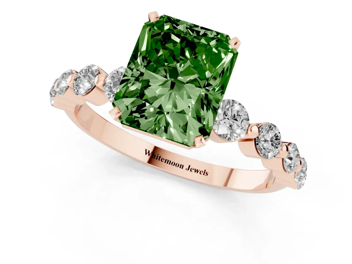 Fancy Green Radiant Cut Solitaire Diamond Ring with Pave Band and Four-Prong Setting Rose gold