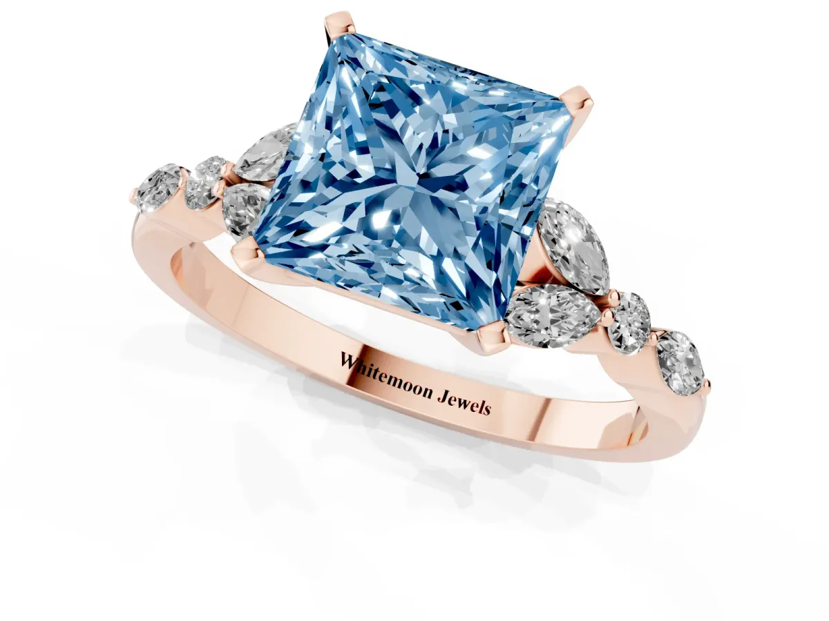 Fancy Blue Princess Cut Diamond Solitaire Ring with Side Stones and Four-Prong Setting Rose gold