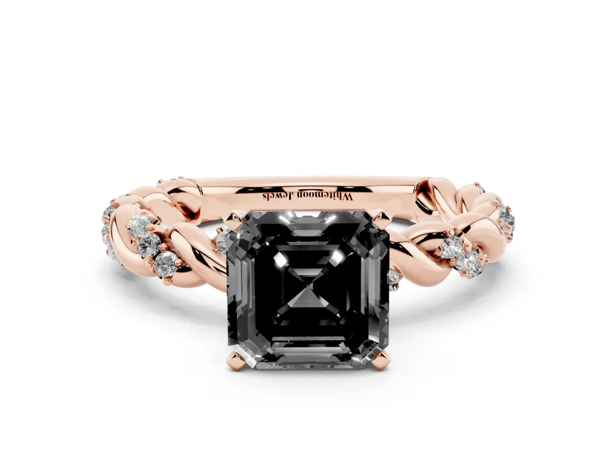 Fancy Black Asscher Cut Diamond Solitaire Ring with Twisted Band and Pavé Accents Rose gold