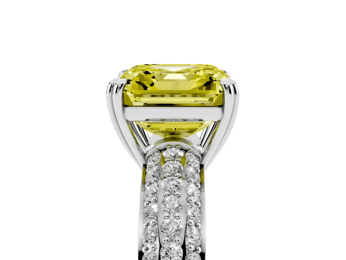 Fancy Yellow Asscher Cut Diamond Solitaire Ring with Multi-Row Round Pavé Band and Prong Setting Silver