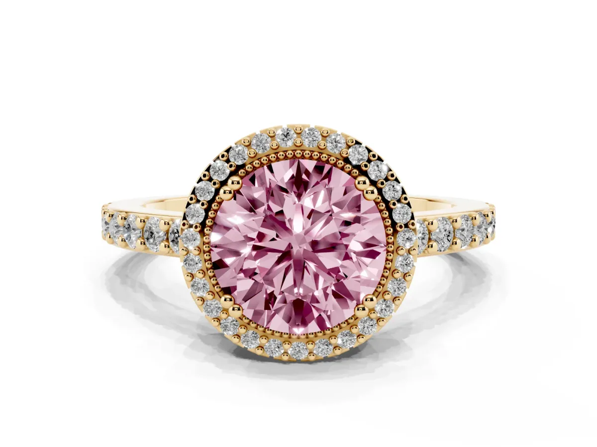 Fancy Pink Round Cut Cut Diamond Halo Engagement Ring with Milgrain Detail and Pavé Band Yellow gold