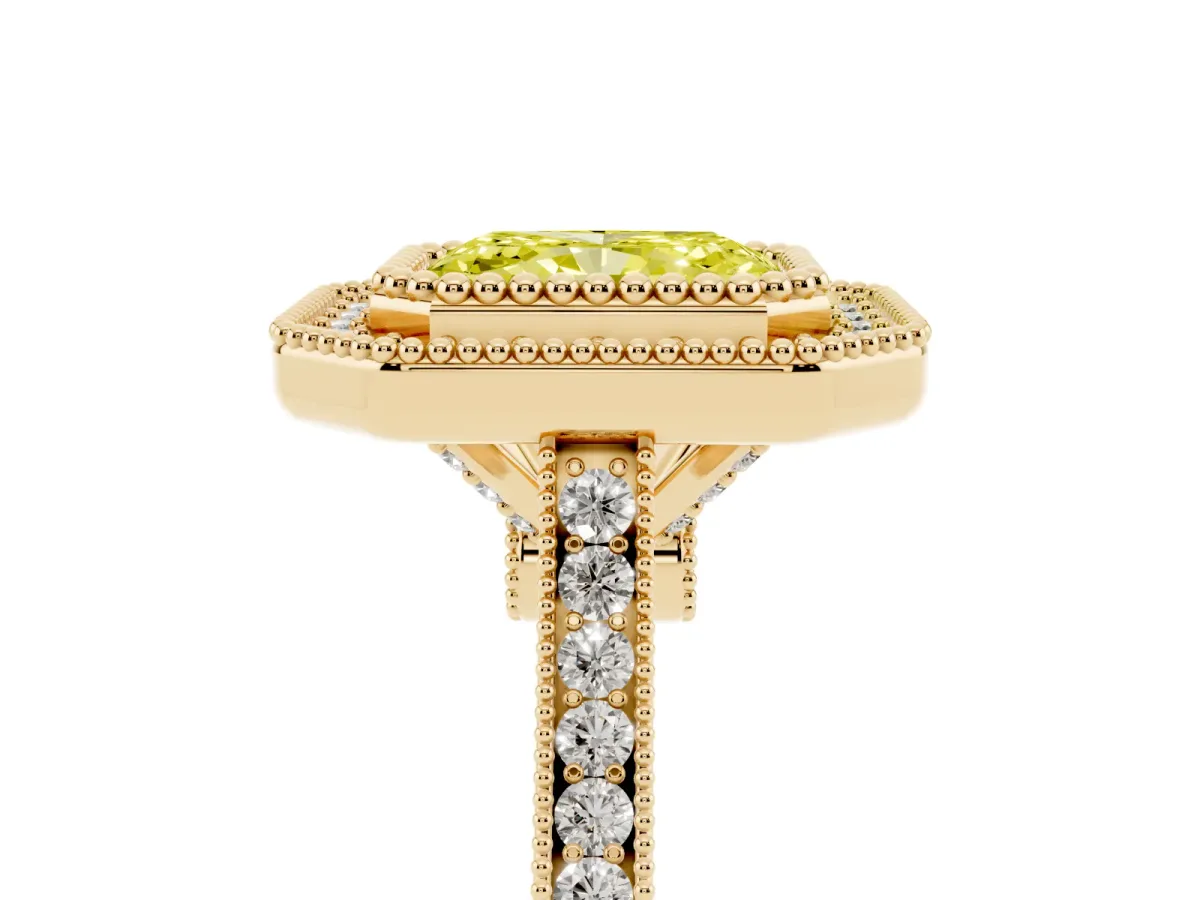 Fancy Yellow Radiant Cut Diamond Halo Ring with Milgrain Frame and Pavé Band Yellow gold