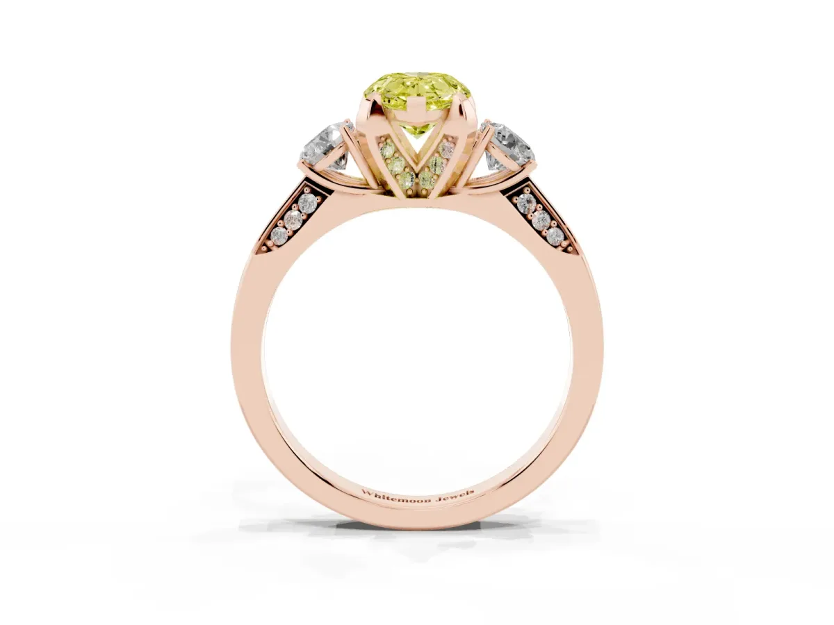 Fancy Yellow Pear Cut Brilliant Three-Stone Diamond Ring with Pavé Band and Four-Prong Setting Rose gold