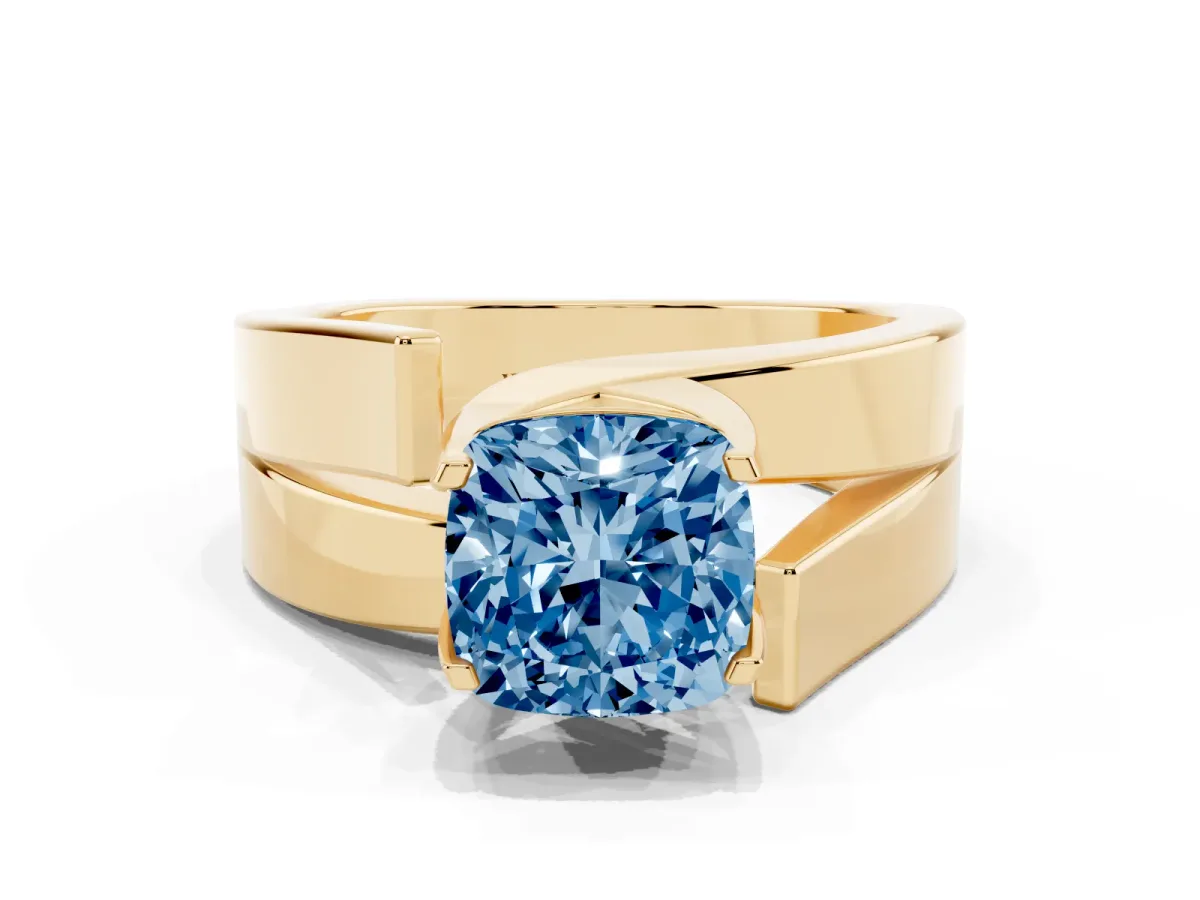 Fancy Blue Modern Tension Set Cushion Cut Diamond Solitaire Wide Band Ring Yellow gold