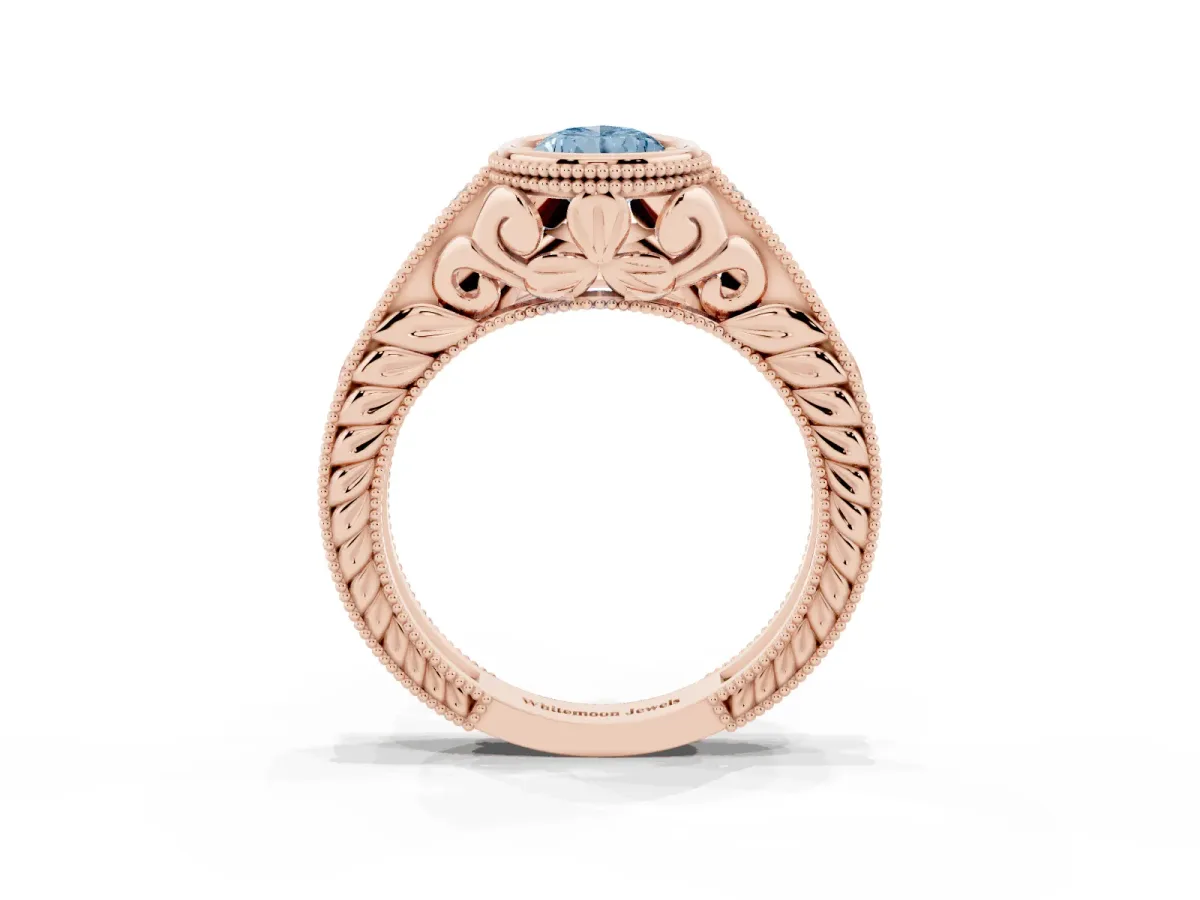 Fancy Blue Bezel Set Pear Cut Diamond Milgrain Pave Engagement Ring Rose gold