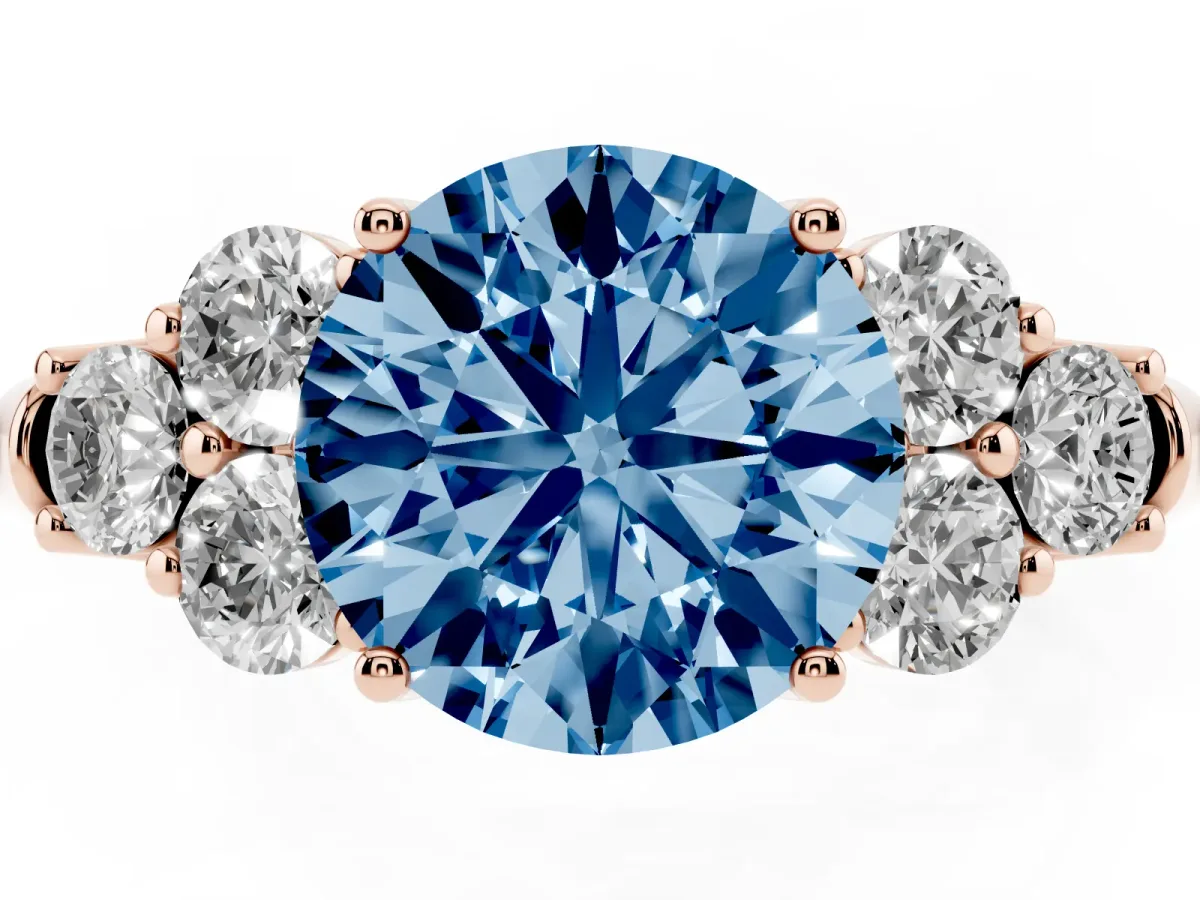 Fancy Blue Round Cut Cut Diamond Cluster Ring with Round Accent Stones and Prong Setting on a Classic Band Rose gold