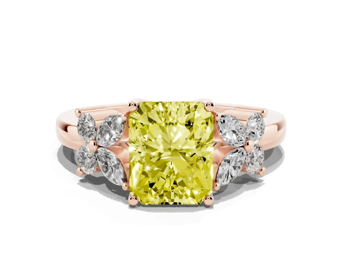 Fancy Yellow Radiant Cut Diamond Floral Cluster Ring with Solitaire Band and Prong Setting Rose gold