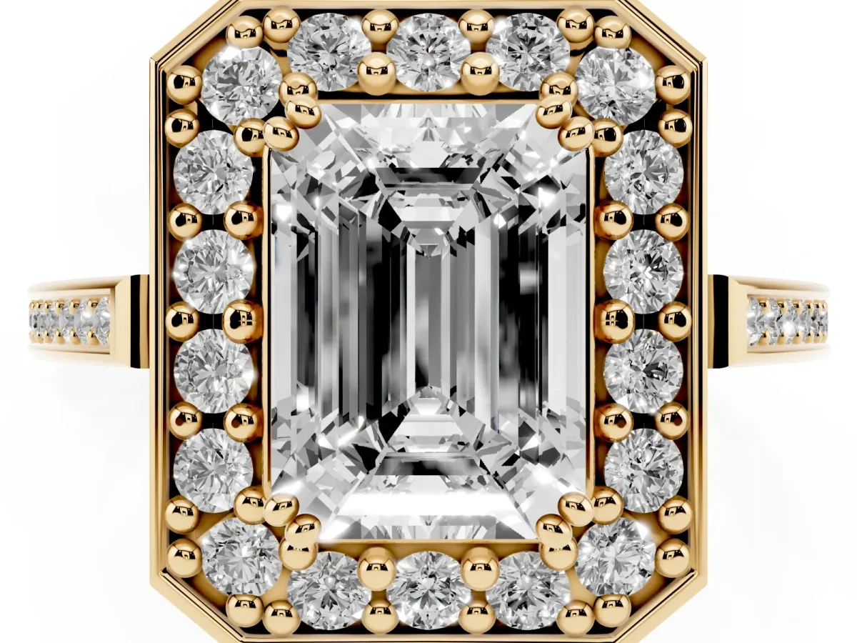 Emerald Cut Diamond Halo Ring with Split Shank and Four-Prong Setting Yellow gold