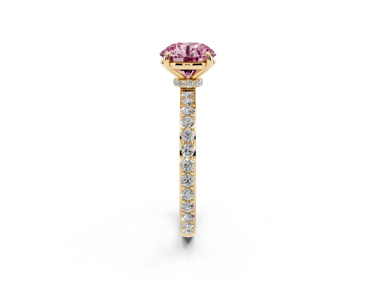 Fancy Pink Round Cut Diamond Pavé Engagement Ring with Round Accents and Prong Setting Yellow gold