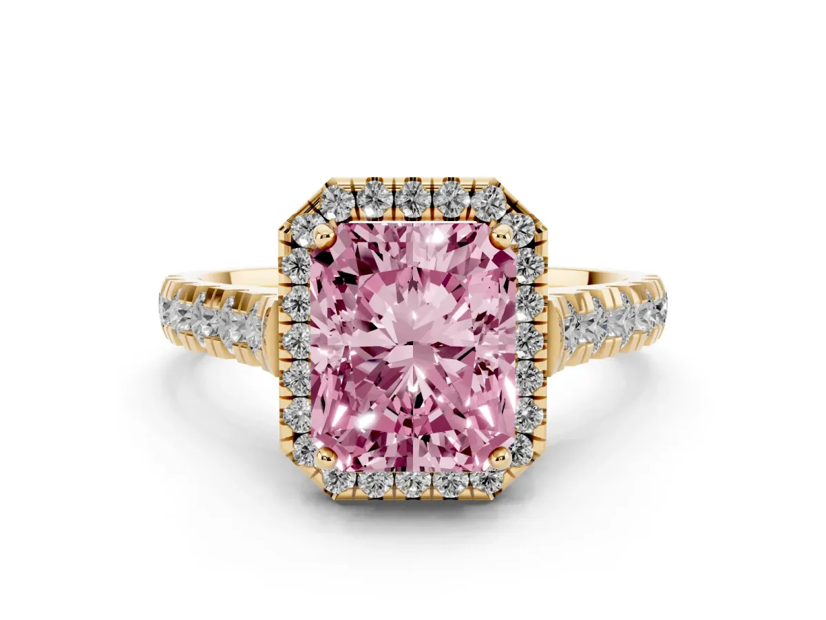Fancy Pink Radiant Cut Halo Pavé Diamond Engagement Ring with Four-Prong Setting Yellow gold