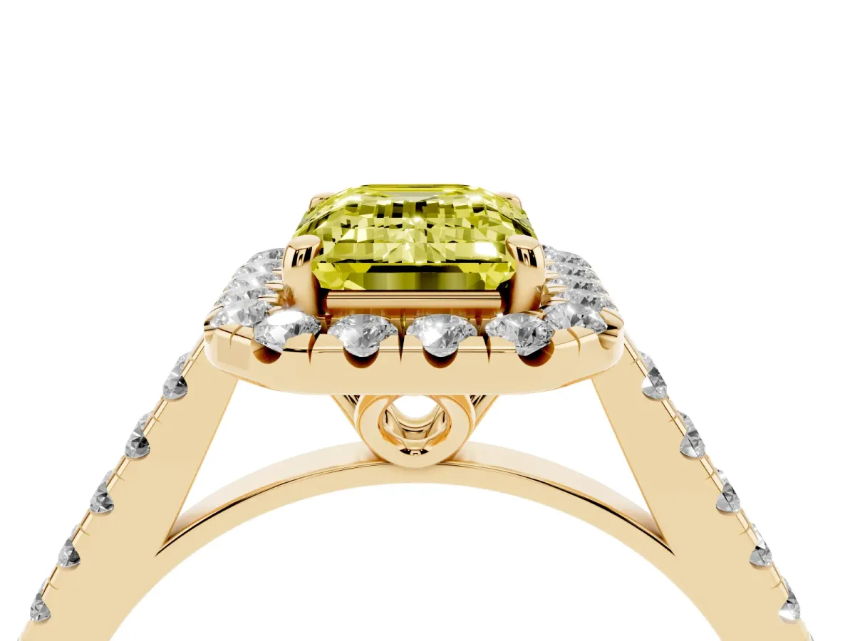 Fancy Yellow Emerald Cut Halo Pavé Diamond Engagement Ring with Four-Prong Setting Yellow gold