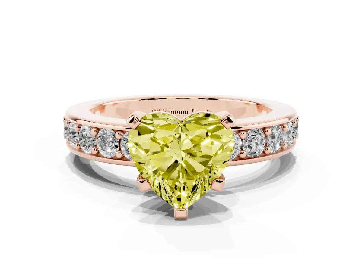 Fancy Yellow Heart Cut Diamond Engagement Ring with Channel Set Round Band and Prong Setting Rose gold