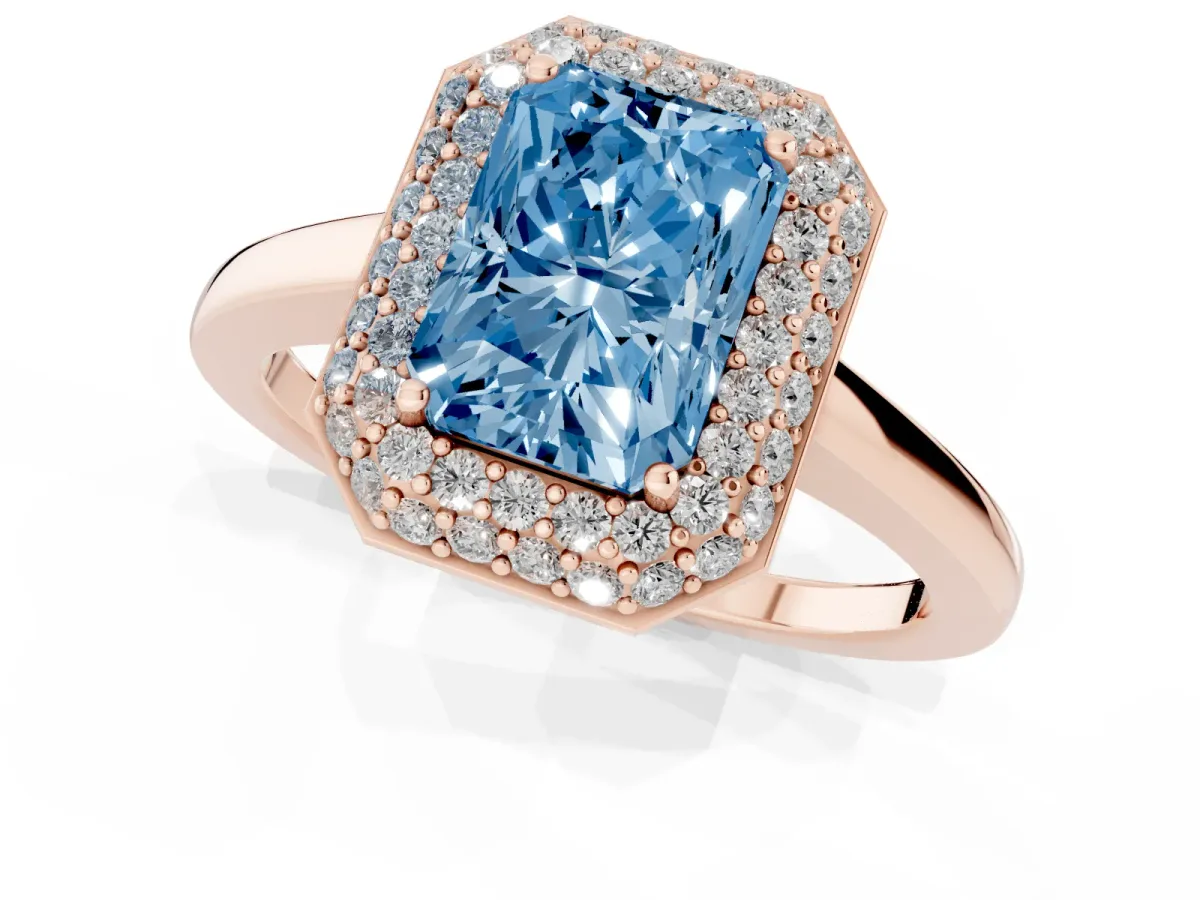 Fancy Blue Radiant Cut Halo Diamond Engagement Ring with Solitaire Band and Four-Prong Setting Rose gold