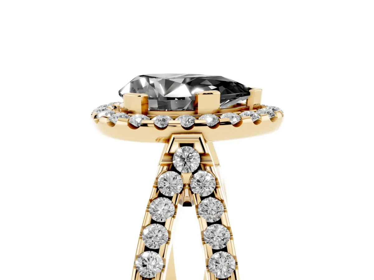Fancy Black Pear Cut Diamond Halo Ring with Split Shank Pavé Band and Prong Setting Yellow gold