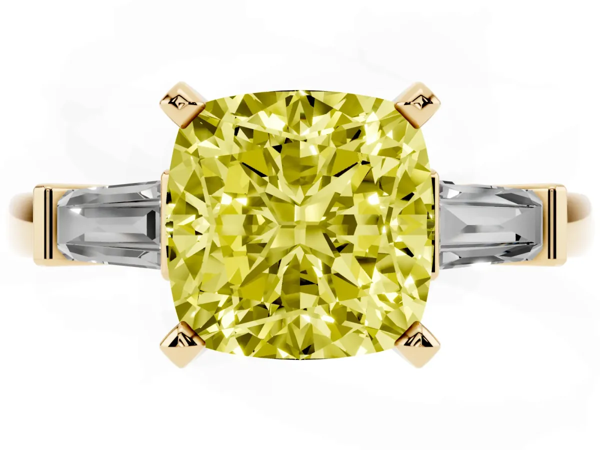 Fancy Yellow Cushion Cut Cut Diamond Solitaire Ring with Tapered Baguette Accents and Four-Prong Setting Yellow gold