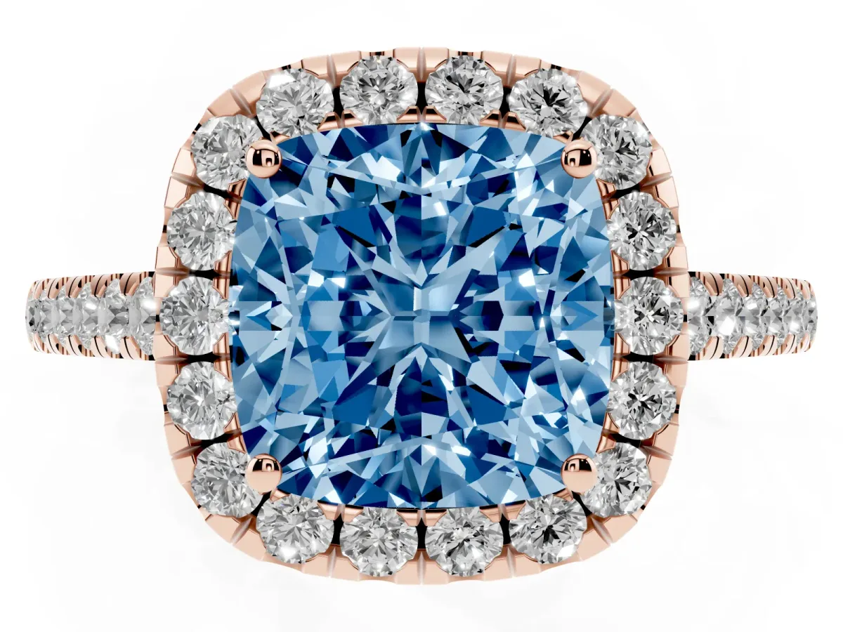 Fancy Blue Cushion Cut Halo Pave Diamond Engagement Ring with Four-Prong Setting Rose gold