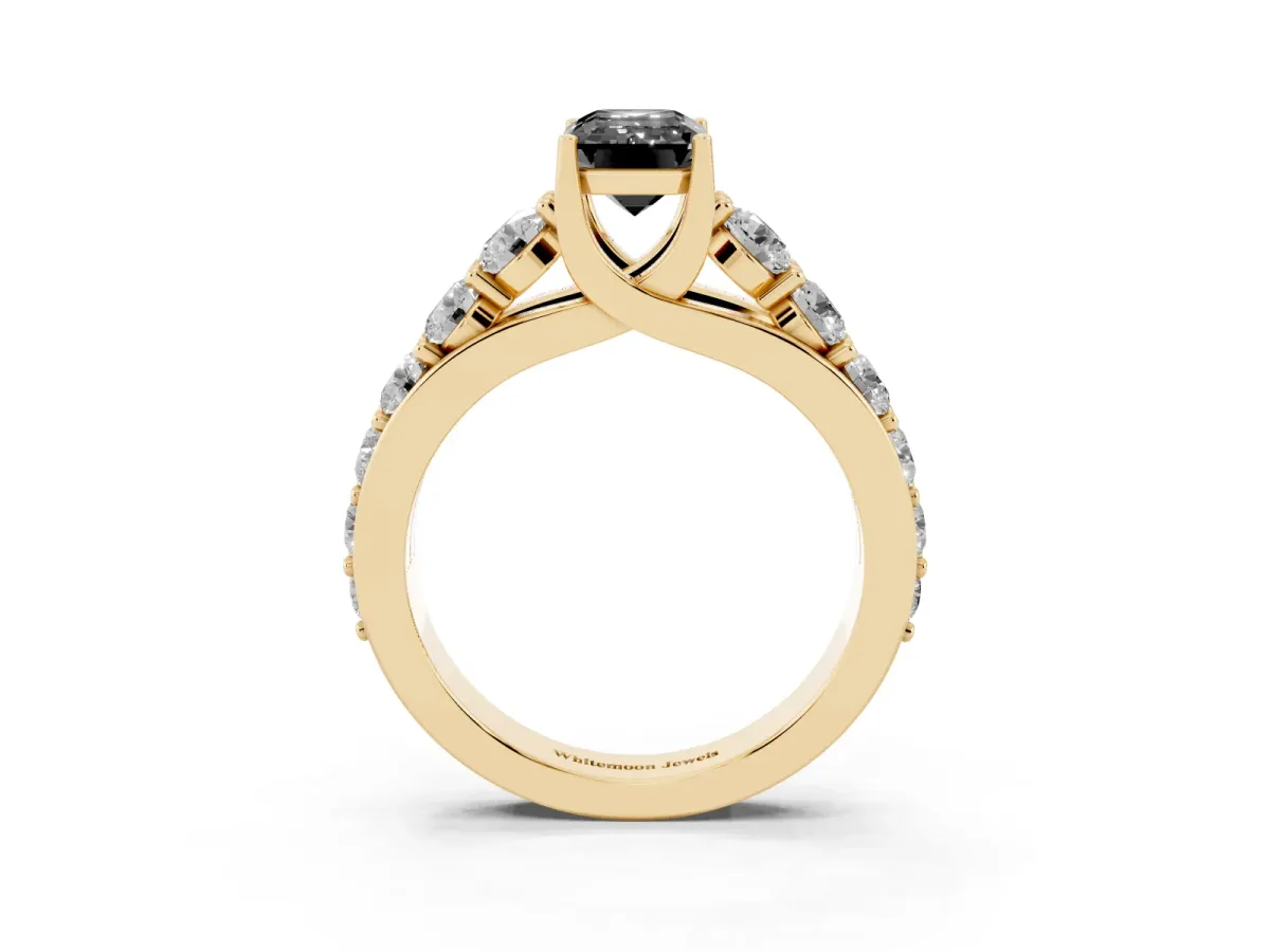 Fancy Black Emerald Cut Diamond Engagement Ring with Pavé Band and Four-Prong Setting Yellow gold