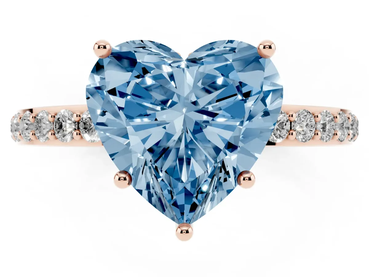 Fancy Blue Heart Cut Diamond Solitaire Ring with Pavé Band and Hidden Halo Rose gold
