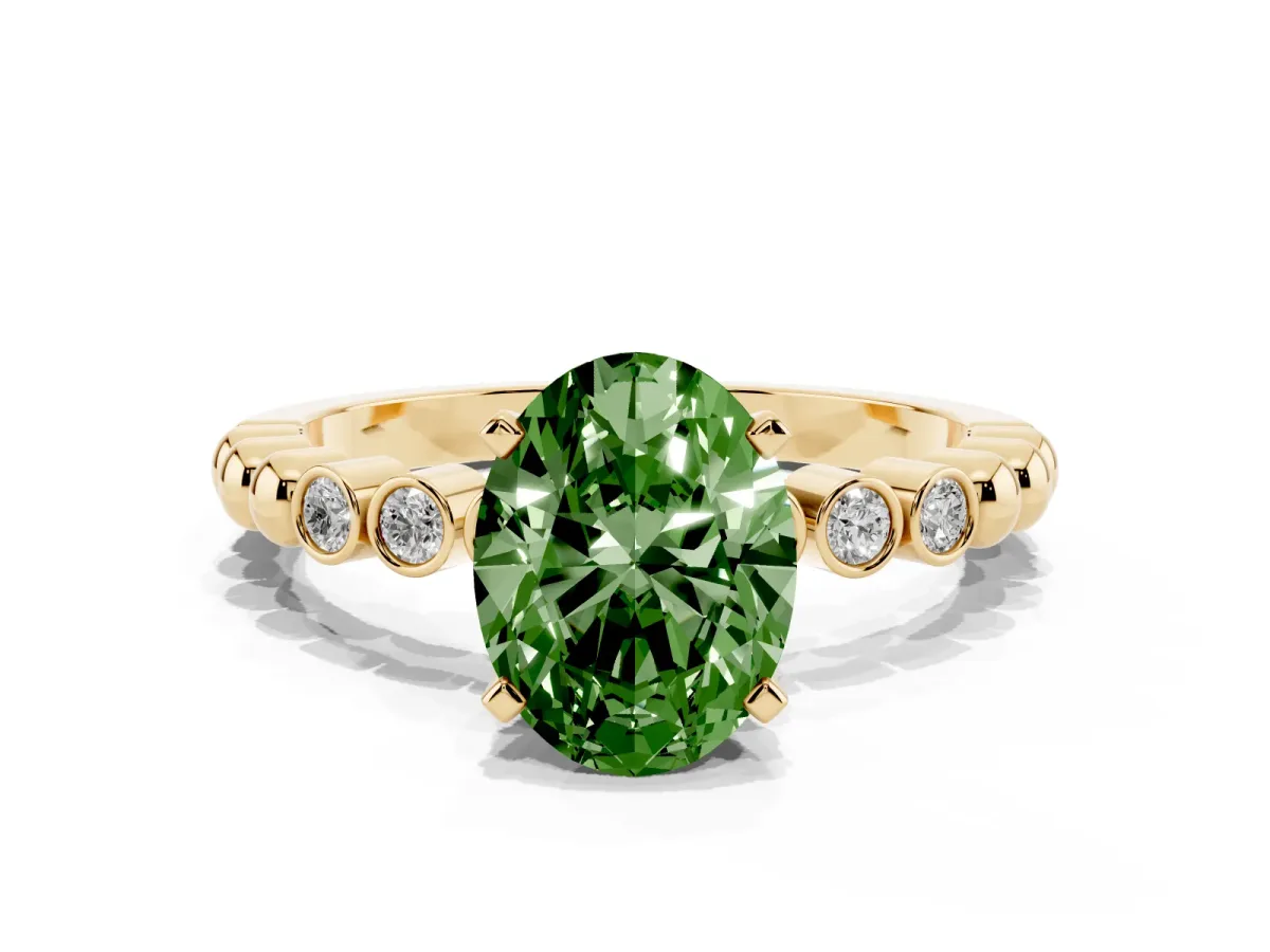Fancy Green Oval Cut Solitaire Bezel Accent Diamond Engagement Ring with Beaded Band and Four-Prong Setting Yellow gold
