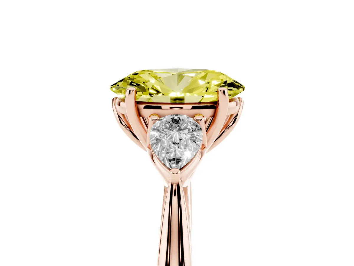 Fancy Yellow Oval Cut Diamond Three-Stone Ring with Pear Side Stones and Prong Setting Rose gold