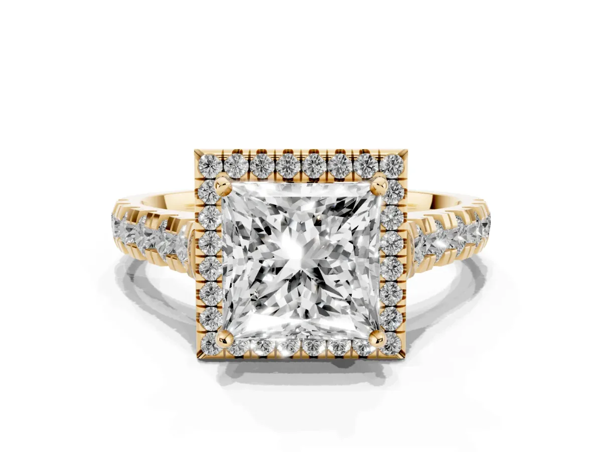 Princess Cut Halo Pavé Diamond Engagement Ring with Four-Prong Setting Yellow gold