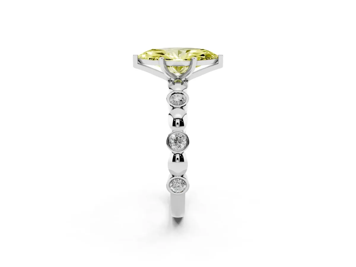 Fancy Yellow Marquise Cut Solitaire Bezel-Set Diamond Ring with Beaded Band and Four-Prong Setting Silver