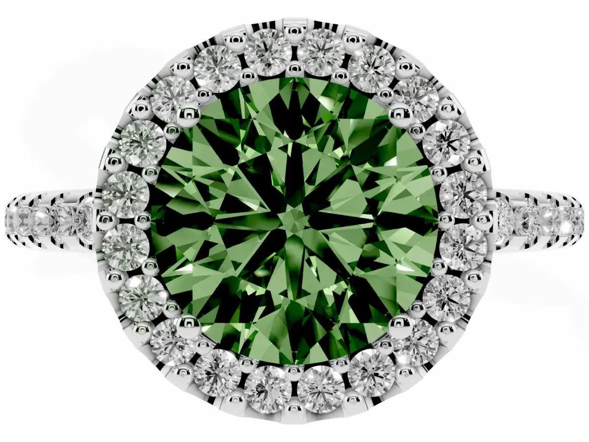 Fancy Green Round Cut Diamond Pavé Halo Ring with Four-Prong Setting Platinum