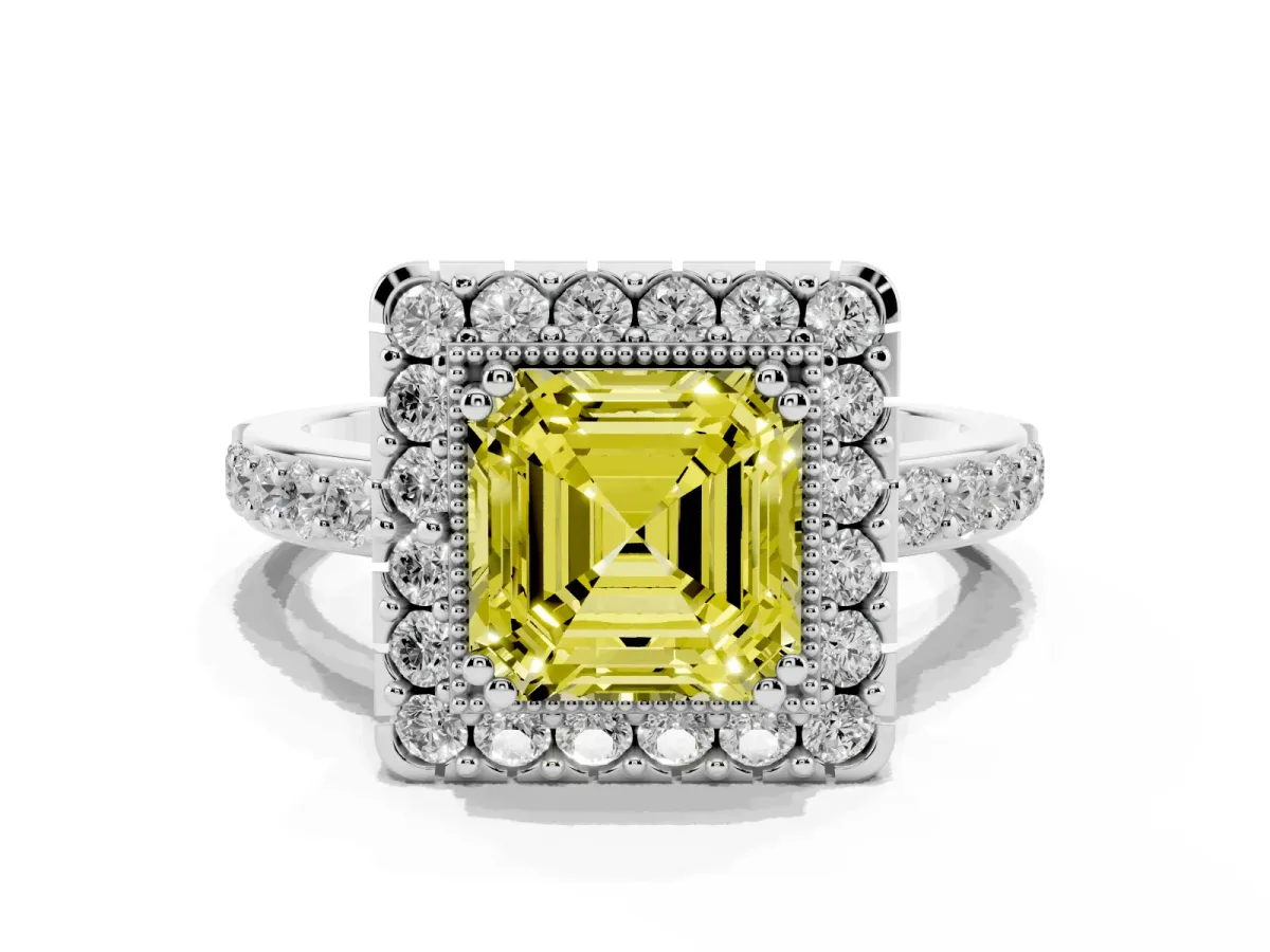 Fancy Yellow Asscher Cut Diamond Halo Ring with Pavé Band and Prong Setting Platinum