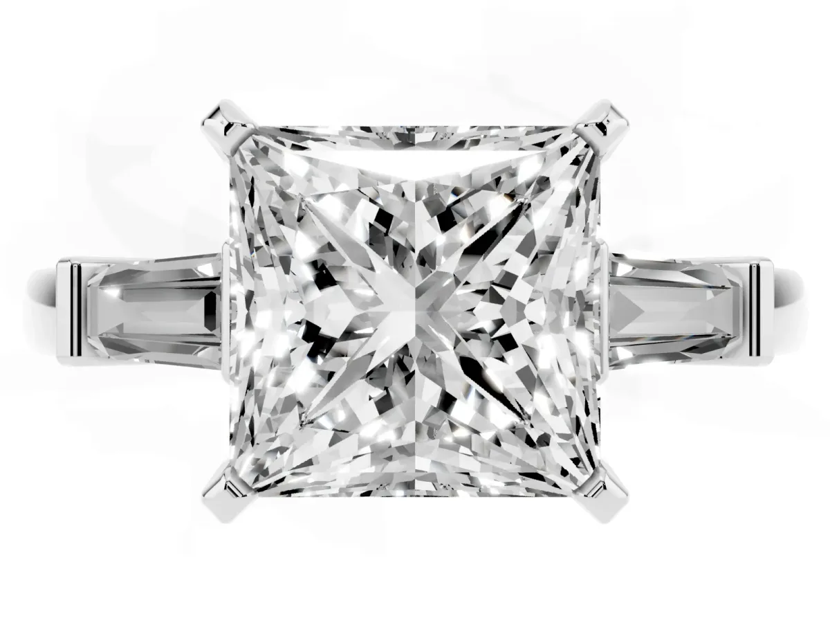 Princess Cut Cut Diamond Solitaire Ring with Tapered Baguette Accents and Four-Prong Setting Silver