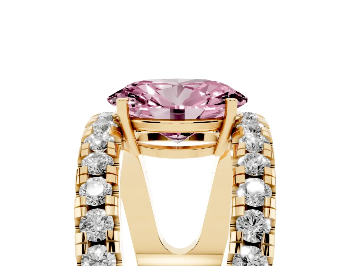 Fancy Pink Oval Cut Solitaire Split Shank Pave Diamond Ring Yellow gold