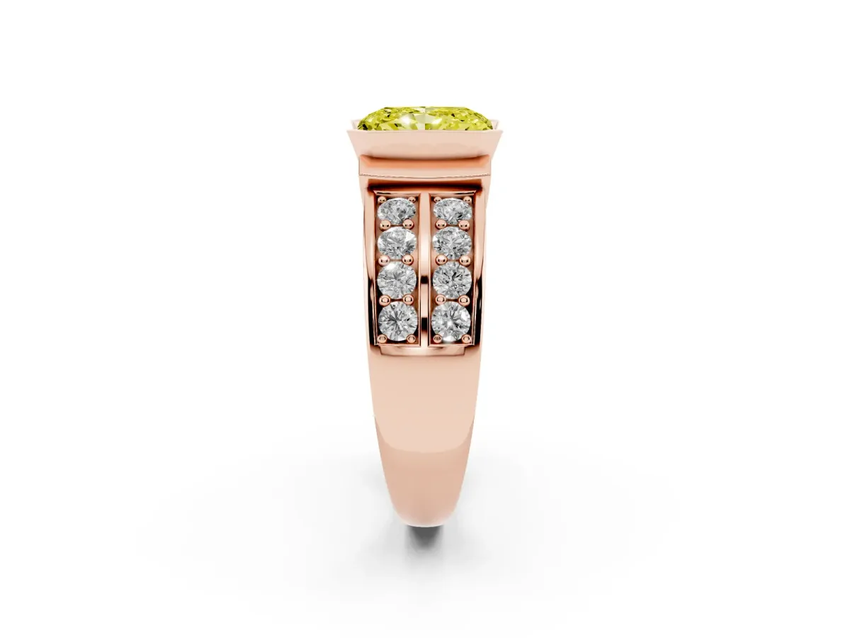 Fancy Yellow Radiant Cut Brilliant Diamond Channel Set Wide Band Ring with Bezel Setting Rose gold