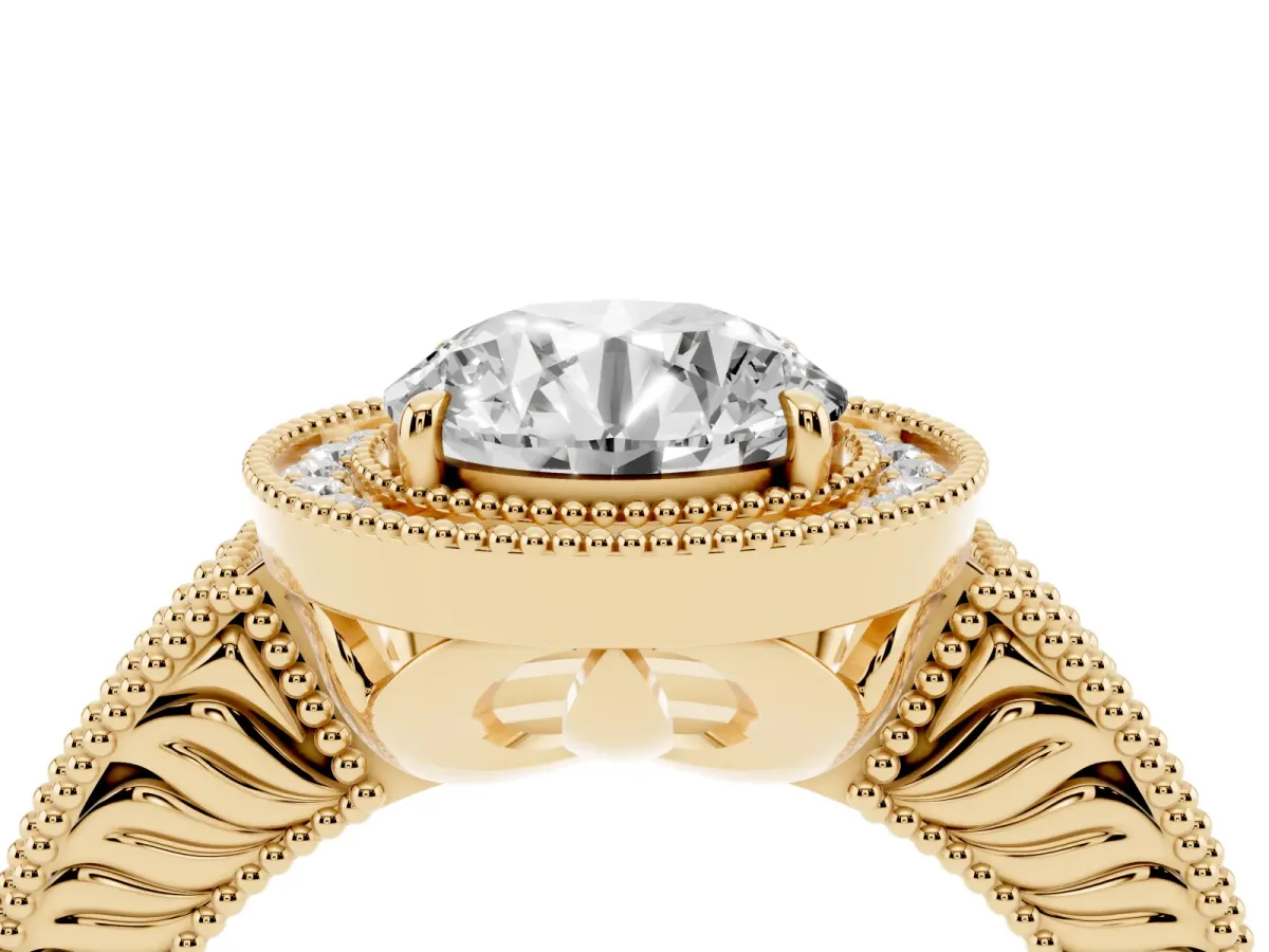 Round Cut Cut Halo Diamond Ring with Pavé Band and Four-Prong Setting Yellow gold