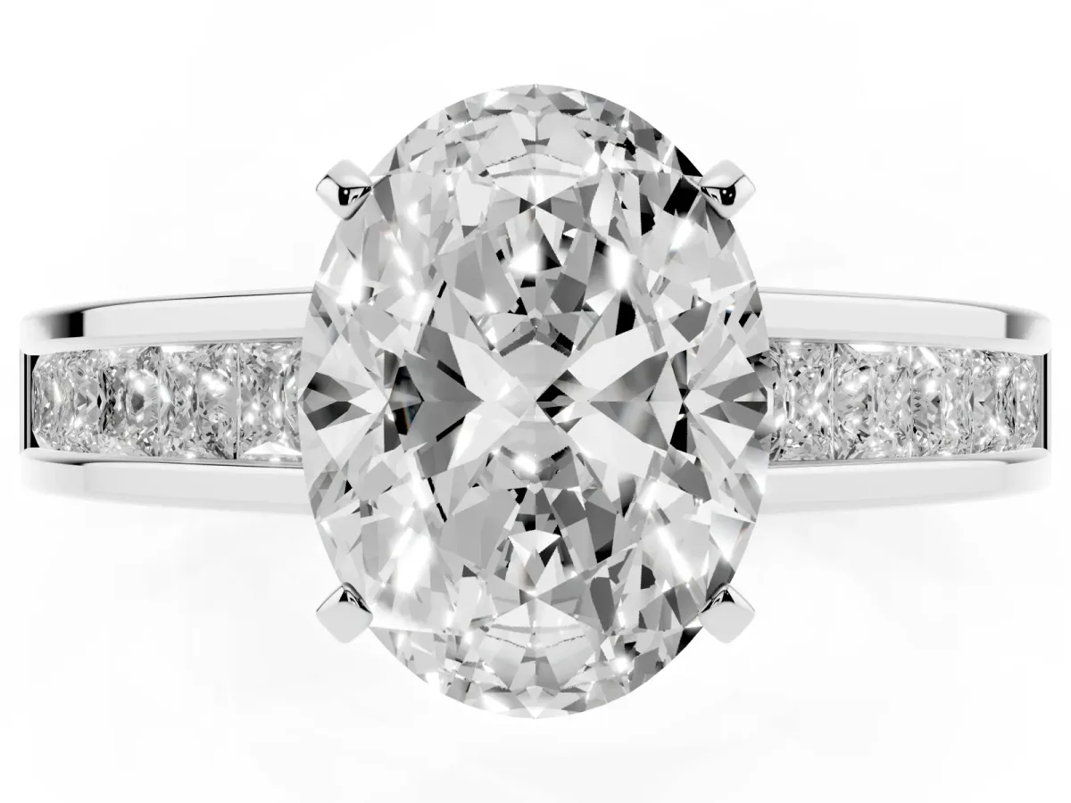 Oval Cut Solitaire Diamond Ring with Channel-Set Band and Four-Prong Setting White gold