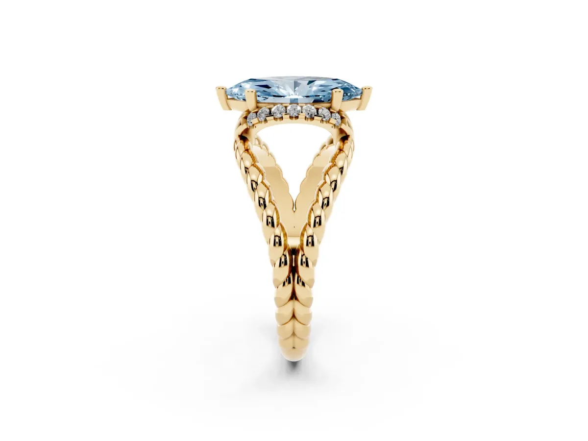 Fancy Blue Marquise Cut Halo Twisted Band Four-Prong Ring Yellow gold