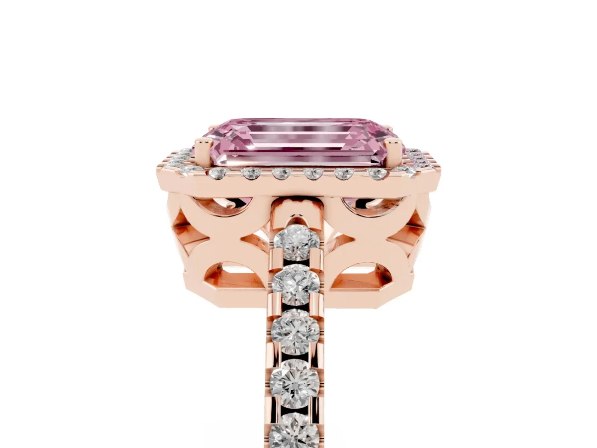 Fancy Pink Emerald Cut Diamond Halo Engagement Ring with Pavé Band and Prong Setting Rose gold